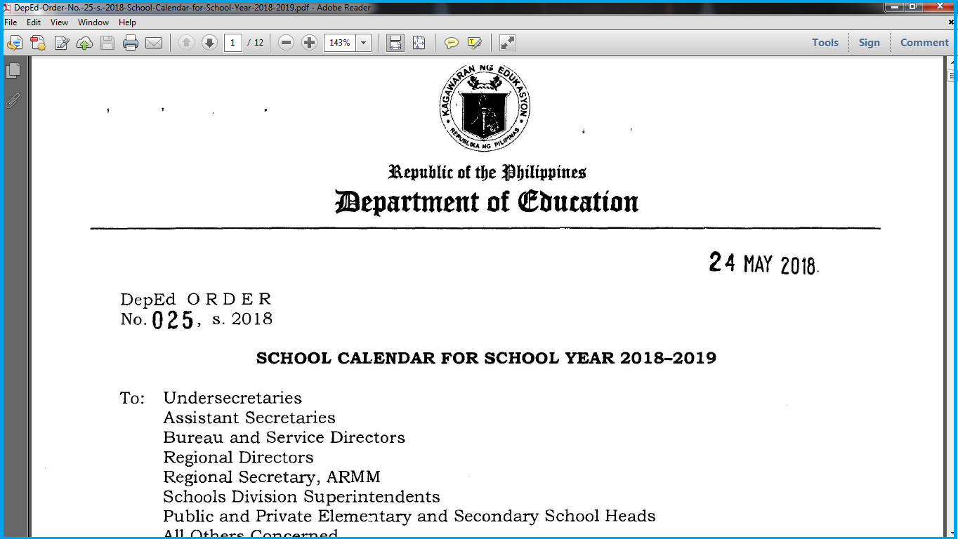DepEd School Calendar for SY 2018-2019